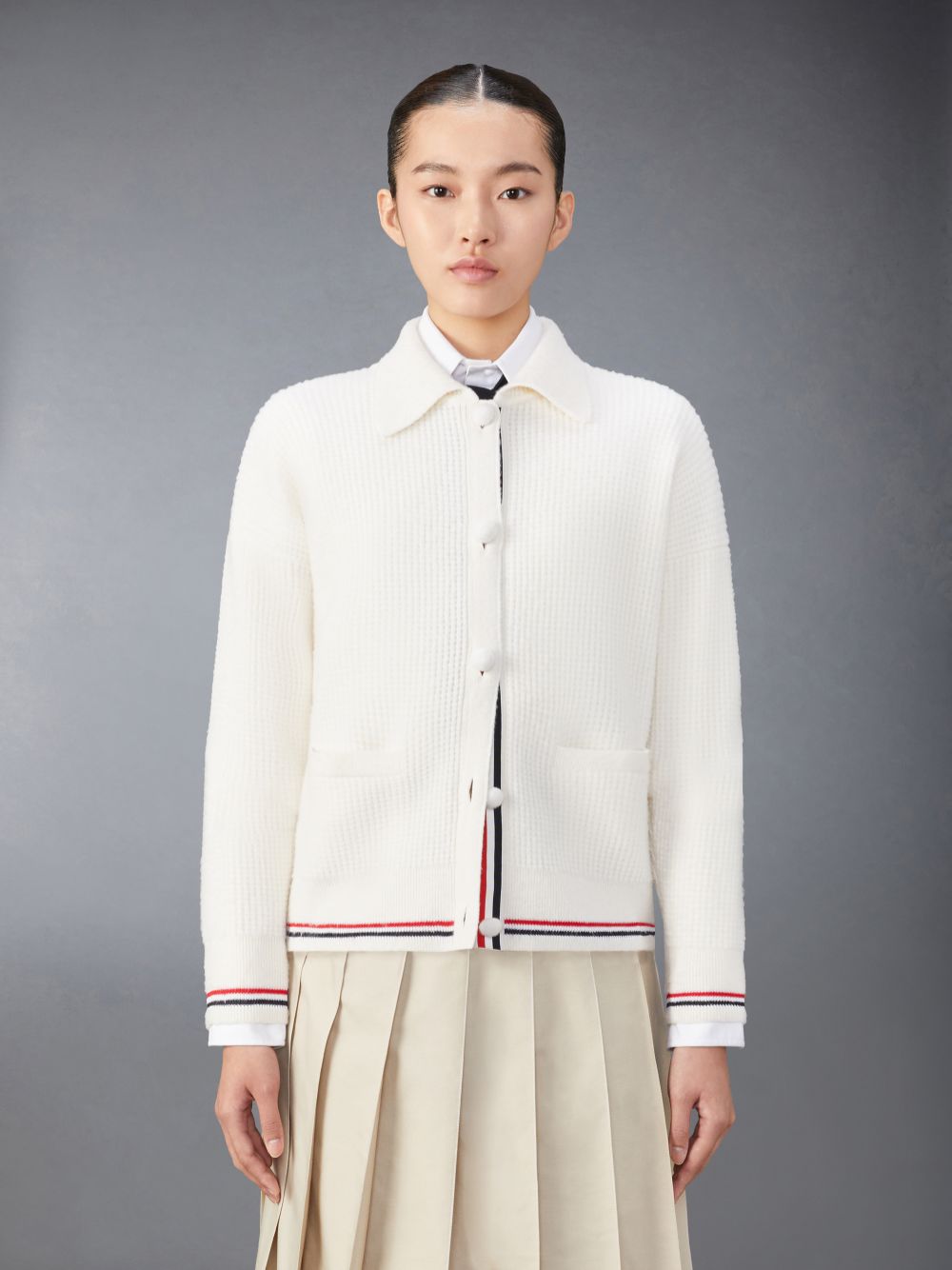 Thom Browne Merino Wool Brushed Tuck Stitch Polo Strickjacke Damen Weiß | UCH73A25801