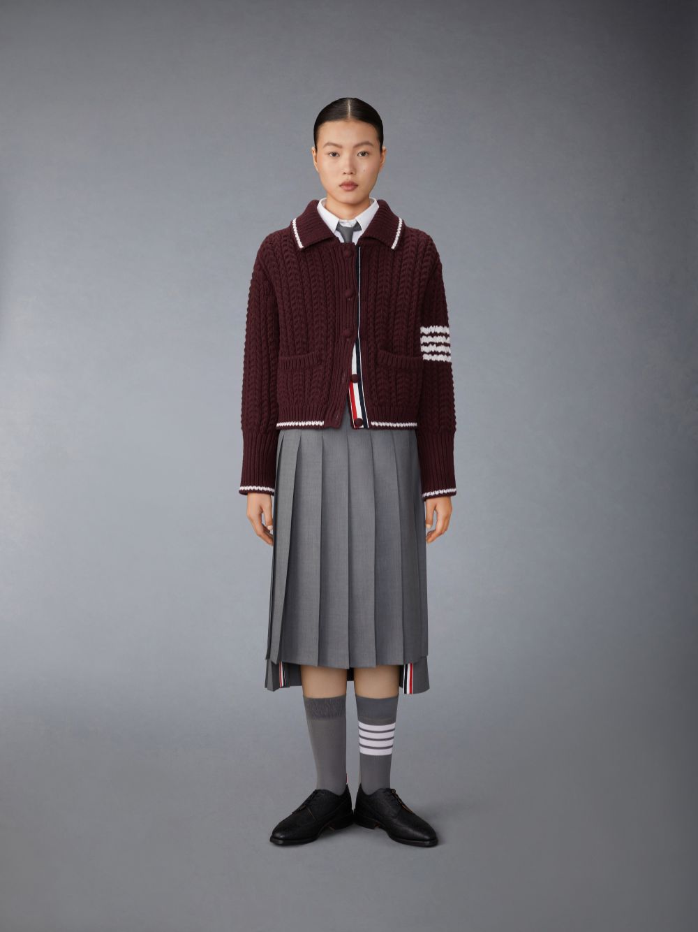 Thom Browne Merino Wool Chunky Links Stitch 4-Bar Polo Cardigan Jacken Damen Rot | OVB31B06109