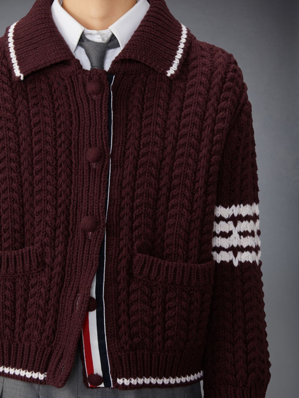 Thom Browne Merino Wool Chunky Links Stitch 4-Bar Polo Cardigan Jacken Damen Rot | OVB31B06109