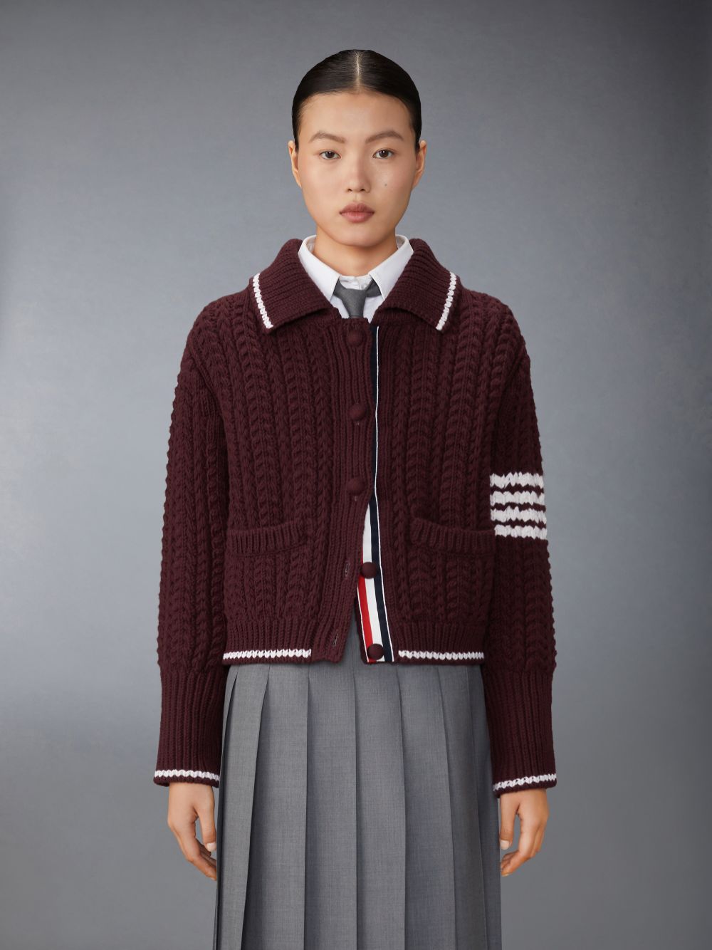 Thom Browne Merino Wool Chunky Links Stitch 4-Bar Polo Cardigan Jacken Damen Rot | OVB31B06109