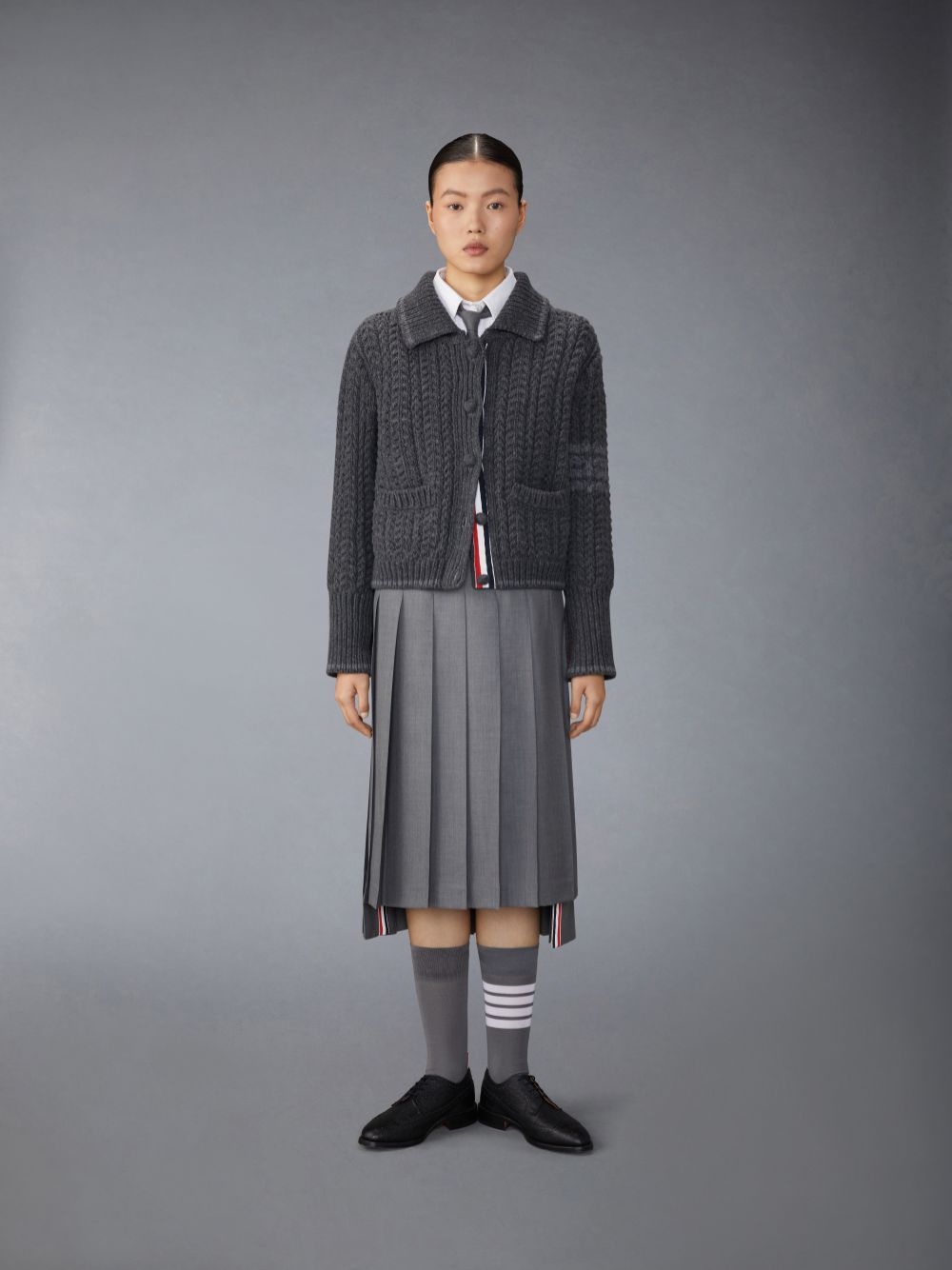 Thom Browne Merino Wool Chunky Links Stitch 4-Bar Polo Cardigan Jacken Damen Grau | UJR64I38210