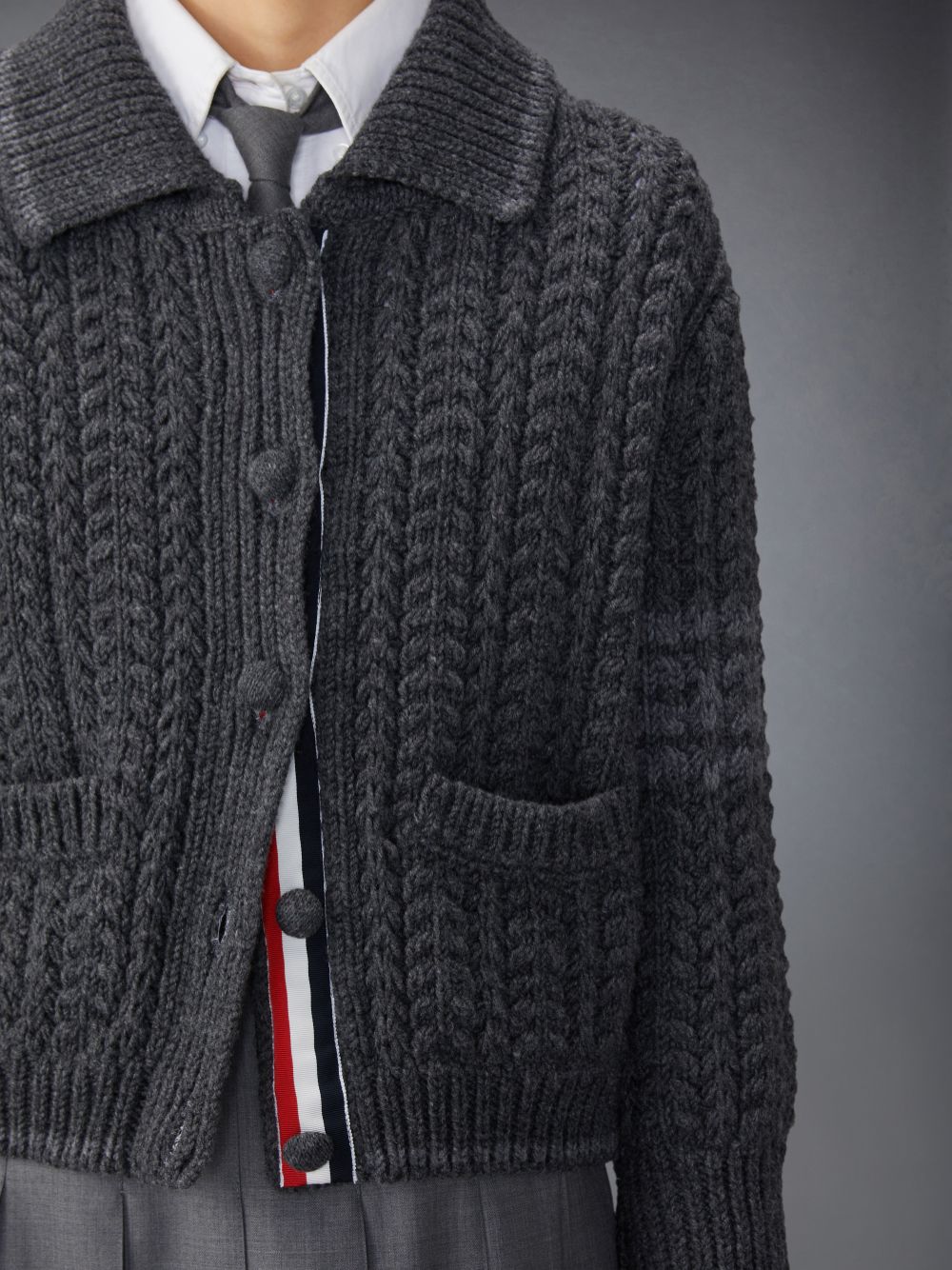 Thom Browne Merino Wool Chunky Links Stitch 4-Bar Polo Cardigan Jacken Damen Grau | UJR64I38210