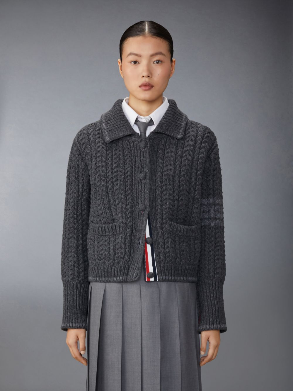 Thom Browne Merino Wool Chunky Links Stitch 4-Bar Polo Cardigan Jacken Damen Grau | UJR64I38210