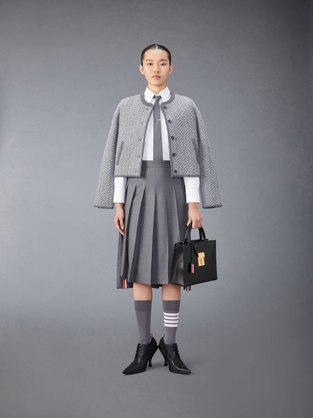 Thom Browne Merino Wool Herringbone Quilted Cropped Cardigan Jacken Damen Grau | CJX80Y54081