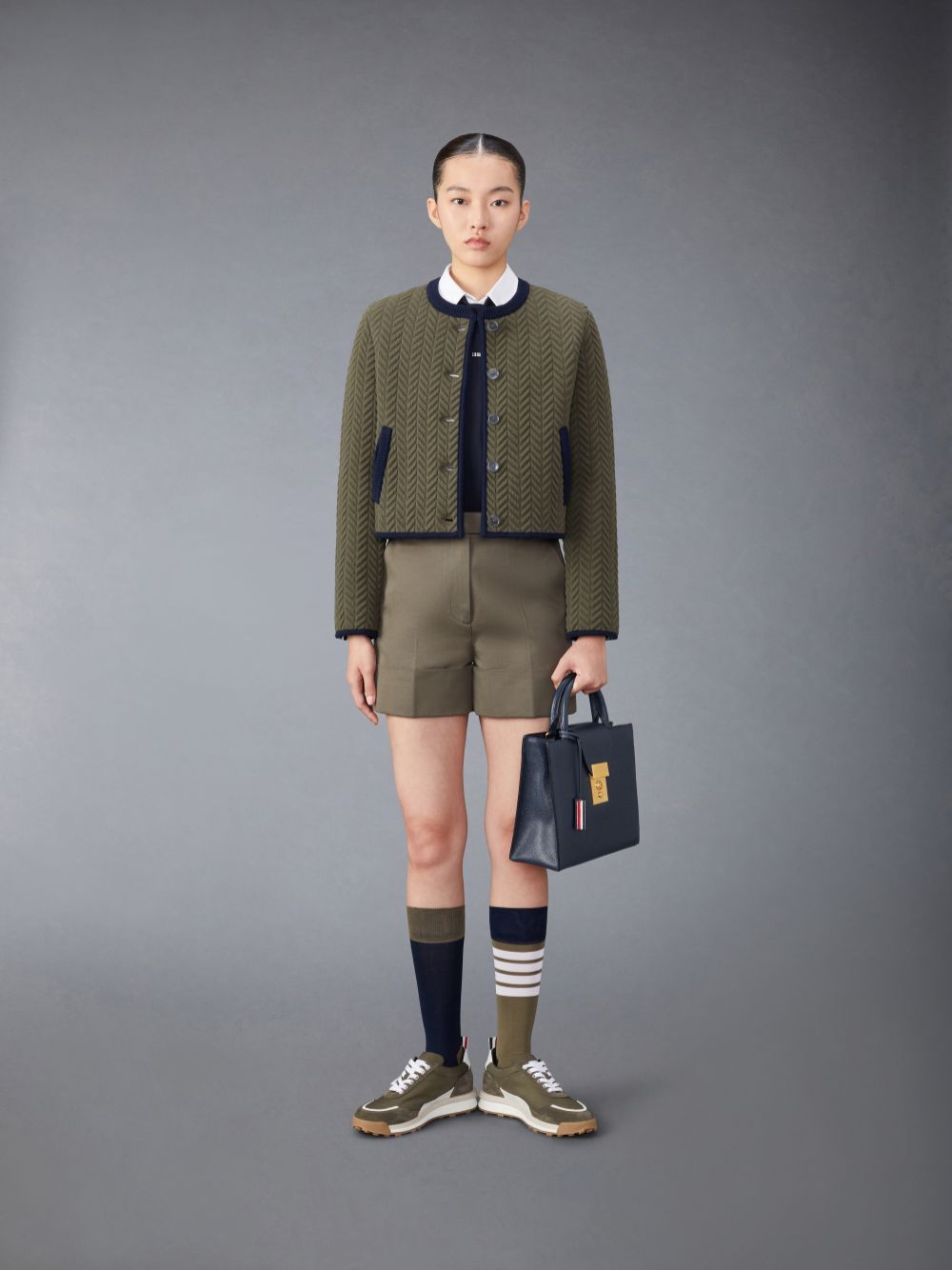 Thom Browne Merino Wool Herringbone Quilted Cropped Cardigan Jacken Damen Grün | DCR68W67925