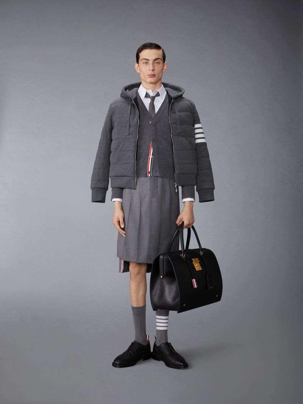Thom Browne Merino Wool Jersey Stitch Padded 4-Bar Zip up Hoodie Jacken Herren Grau | RSX01D72498
