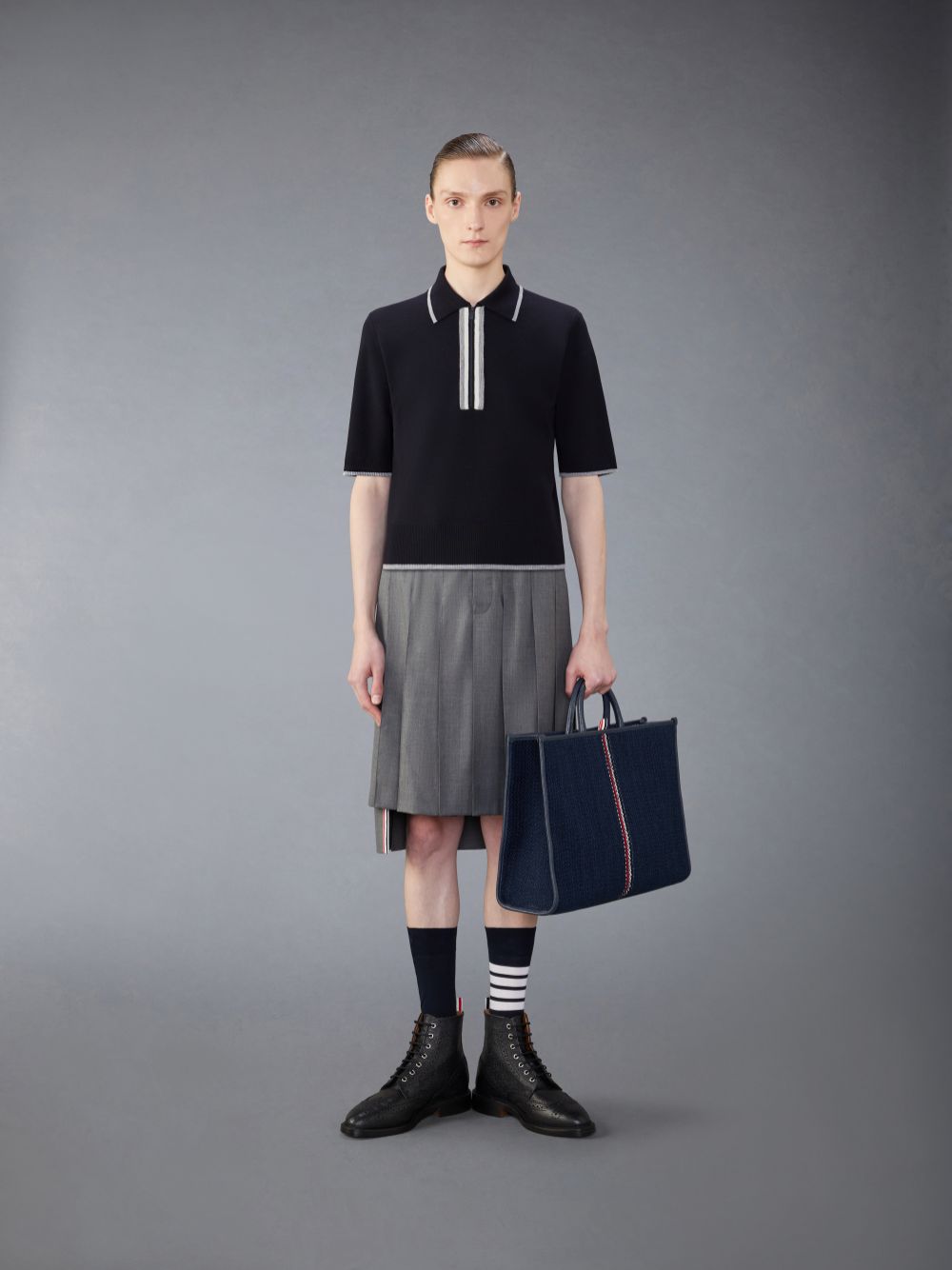 Thom Browne Merino Wool Milano Stitch Zip up Poloshirt Herren Blau | RQN41H62981