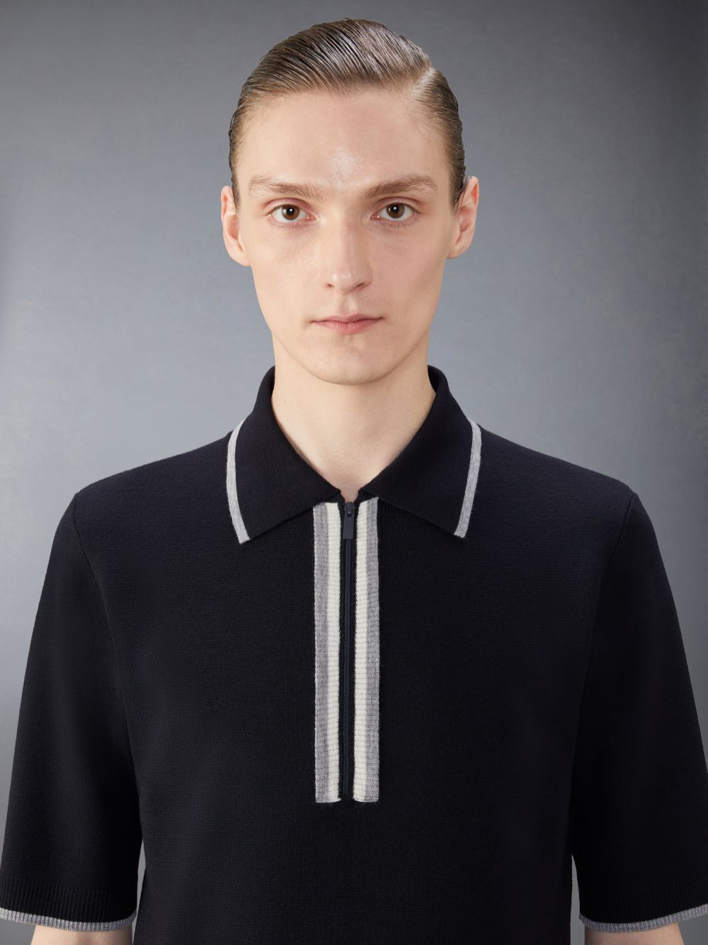 Thom Browne Merino Wool Milano Stitch Zip up Poloshirt Herren Blau | RQN41H62981