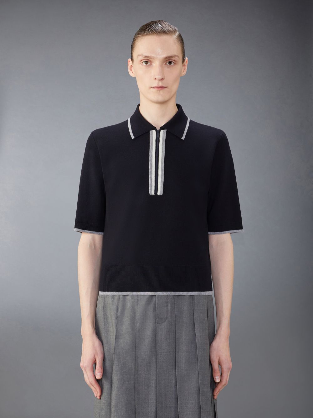 Thom Browne Merino Wool Milano Stitch Zip up Poloshirt Herren Blau | RQN41H62981