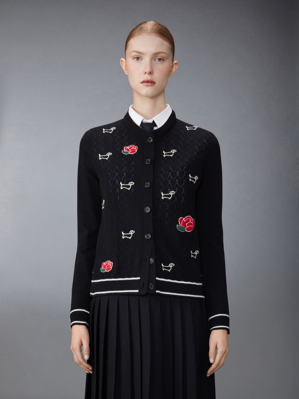 Thom Browne Merino Wool Pointelle Jersey Hector & Rose Crew Neck Strickjacke Damen Schwarz | LIF62R28621
