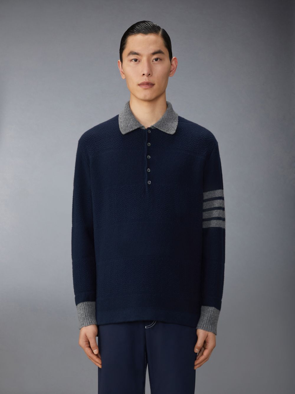 Thom Browne Merino Wool Textured Rugby Stripe 4-Bar Poloshirt Herren Blau | XHQ04K50950