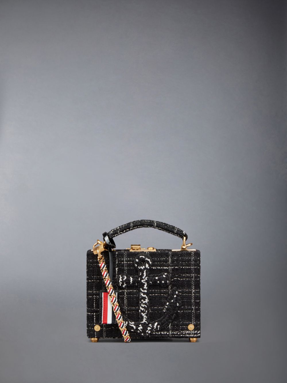 Thom Browne Plaid Ribbon Tweed Woven Chain Micro Attache Case Umhängetasche Herren Schwarz | RIP70V02496