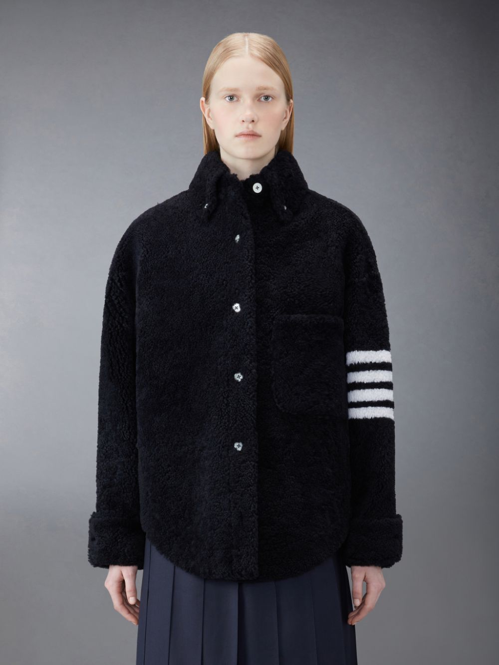 Thom Browne Shearling 4-Bar Supersized Shirt Jacken Damen Blau | KEG85X37035