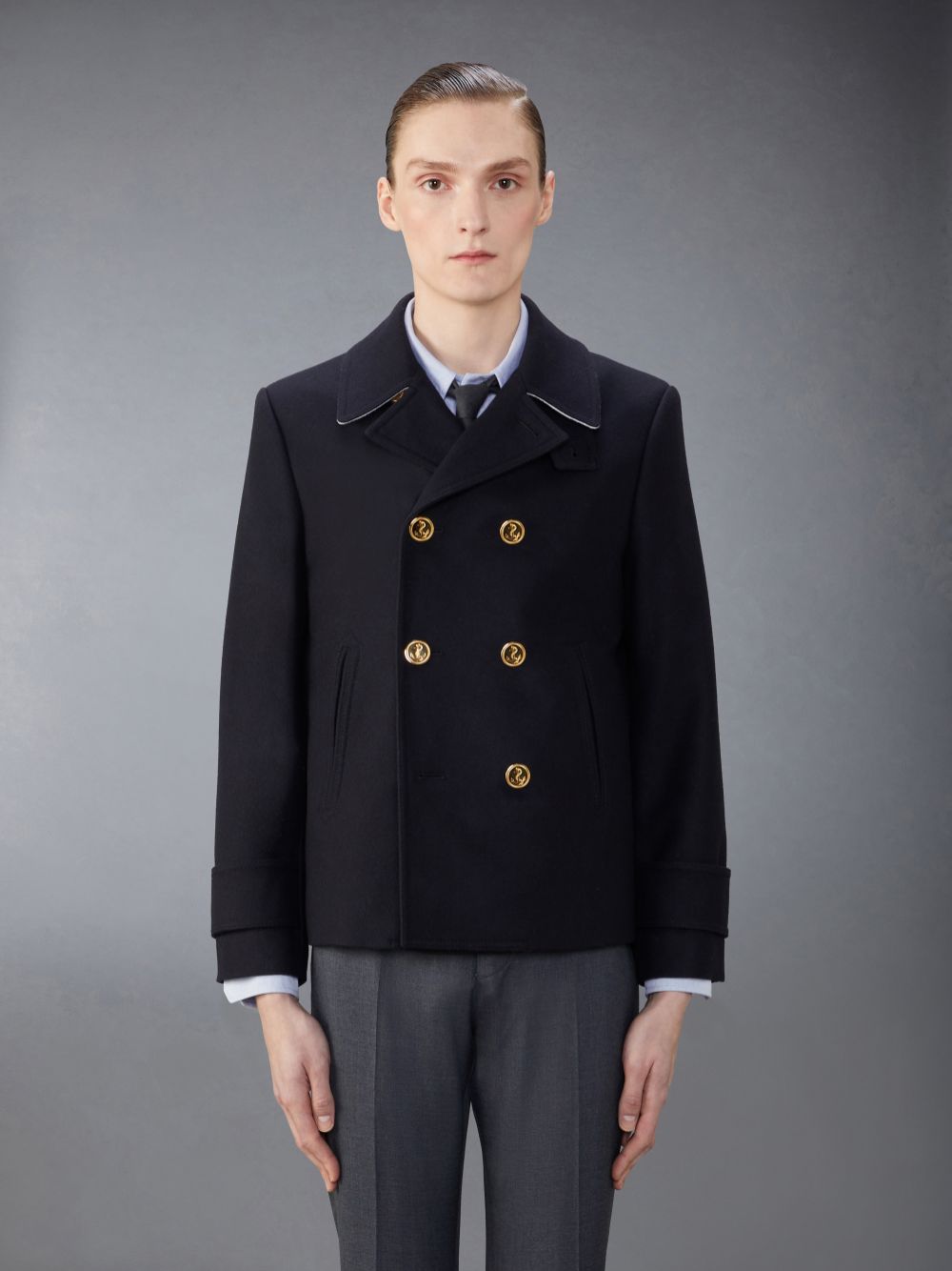 Thom Browne Spring Weight Melton Wool Peacoat Mäntel Herren Blau | BXQ05E66501