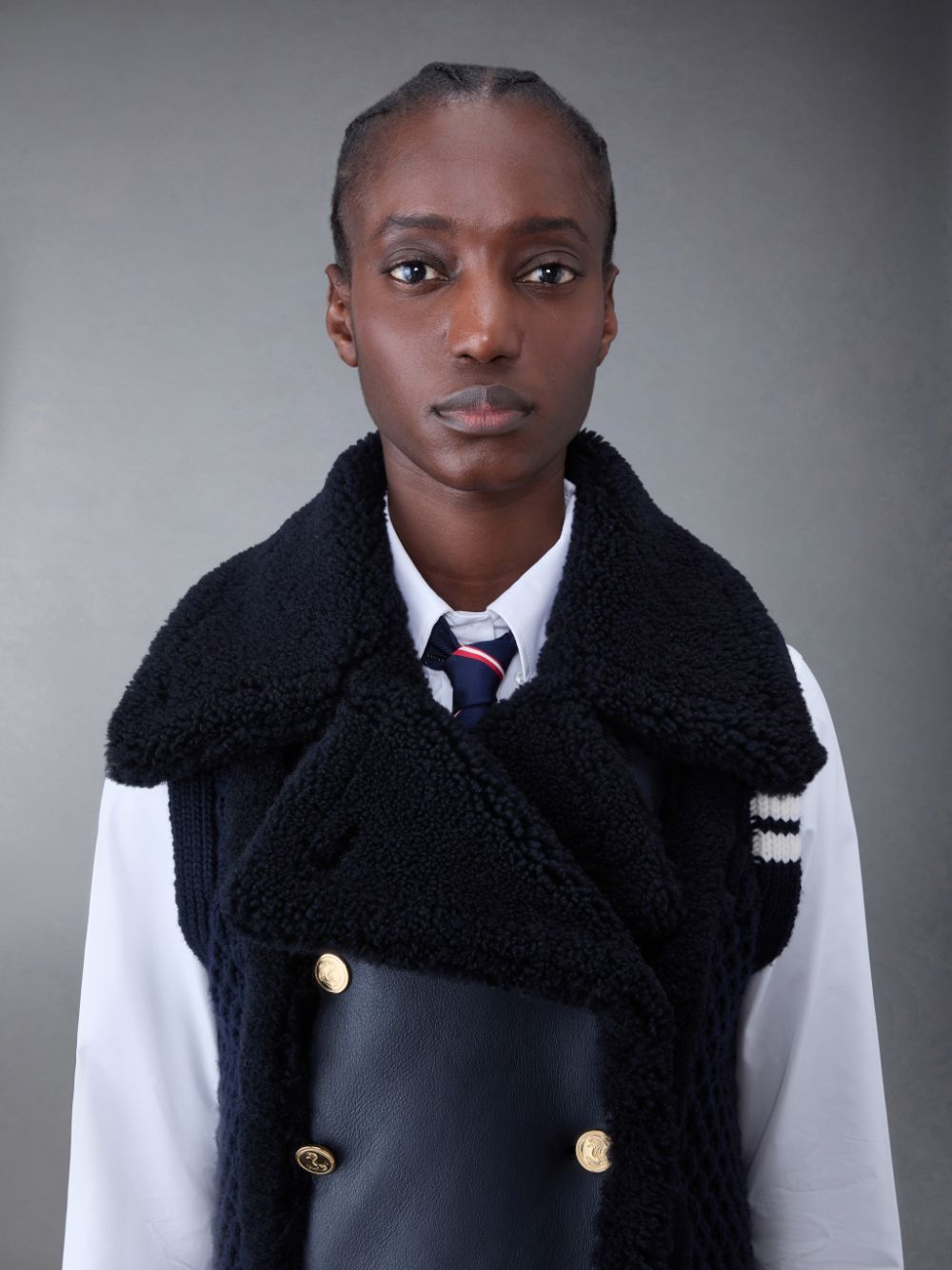 Thom Browne Textured Wool and Shearling 4-Bar Combo Weste Damen Blau | KRQ97V79763