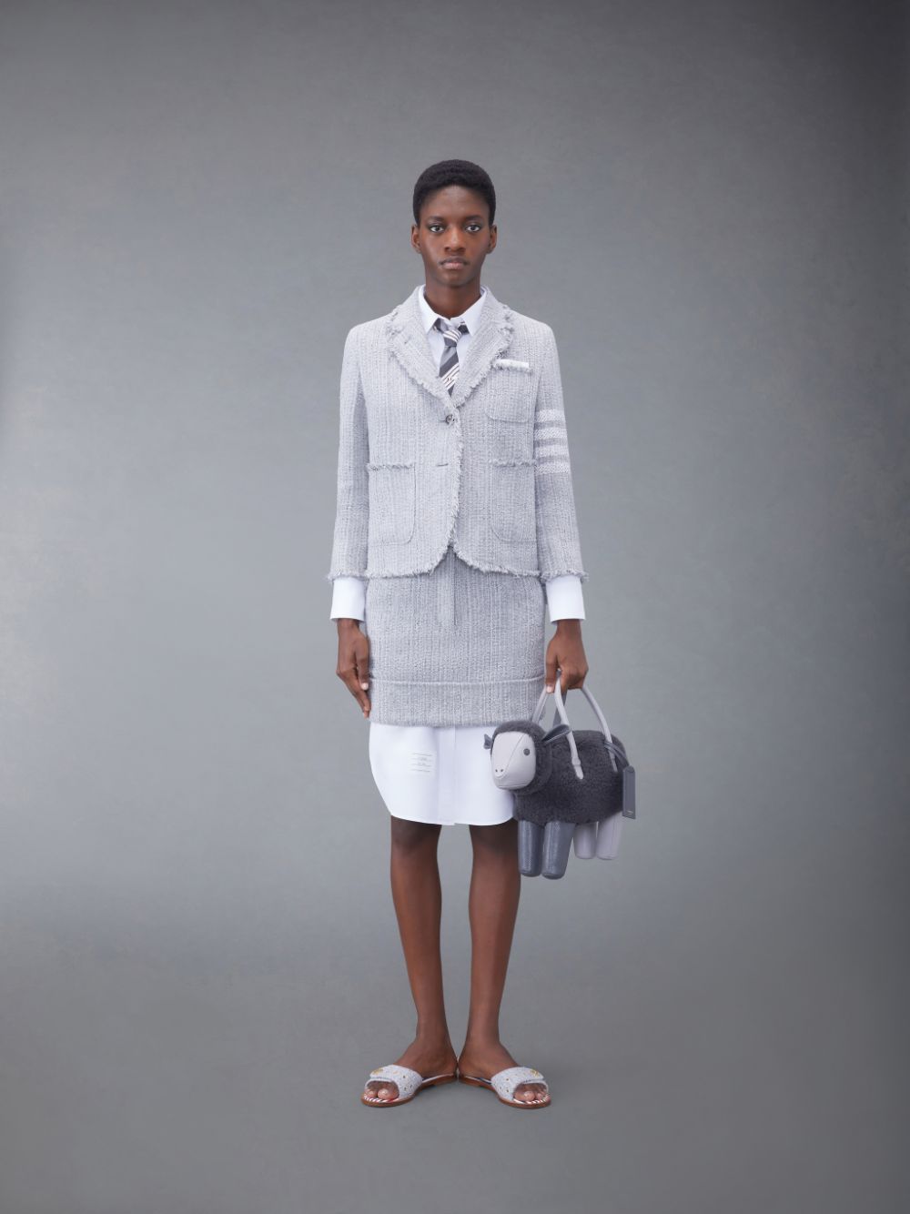 Thom Browne Tweed Fray 4-Bar Cropped Sack Jacken Damen Grau | QBY93B34790