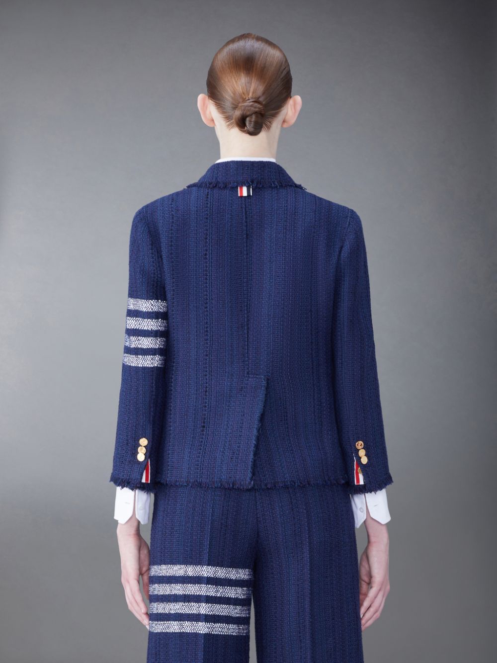 Thom Browne Tweed Fray 4-Bar Cropped Sack Jacken Damen Blau | KWM59U32428