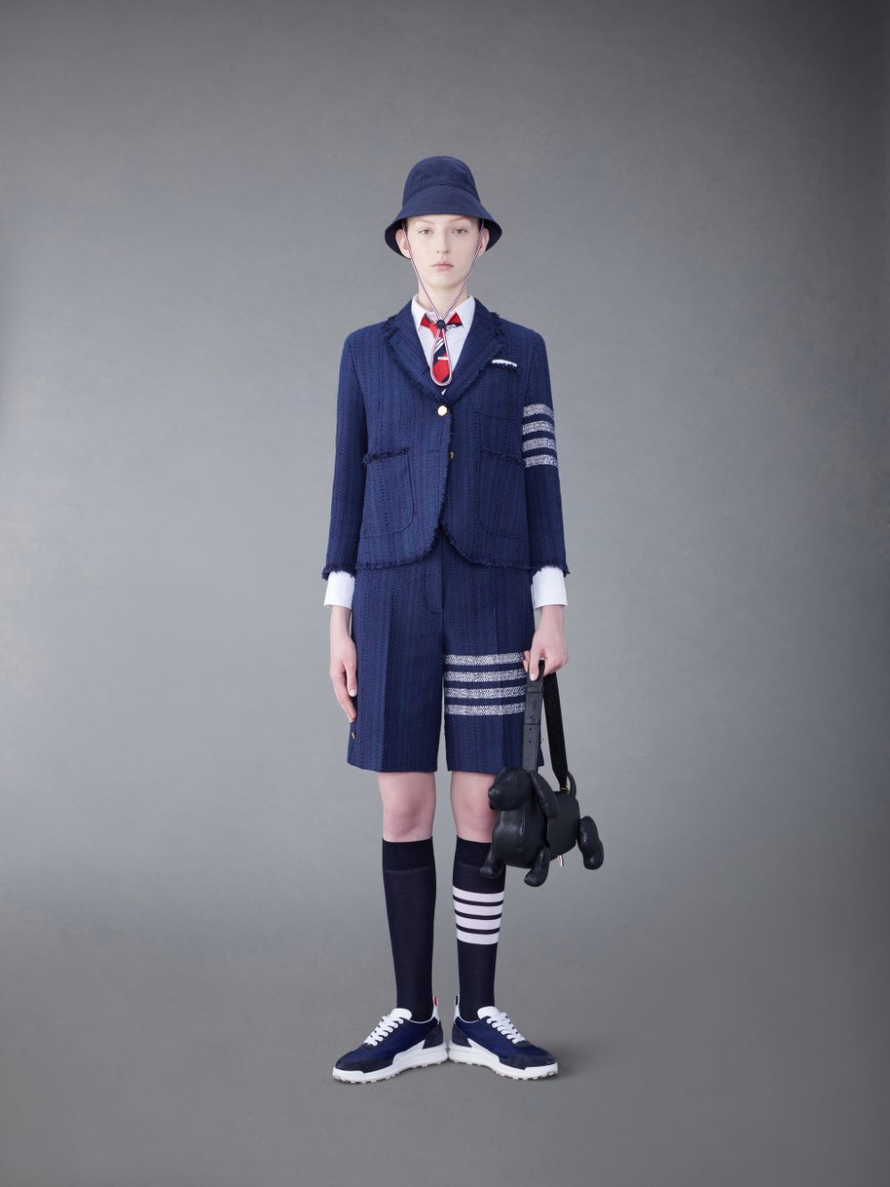 Thom Browne Tweed Fray 4-Bar Cropped Sack Jacken Damen Blau | KWM59U32428
