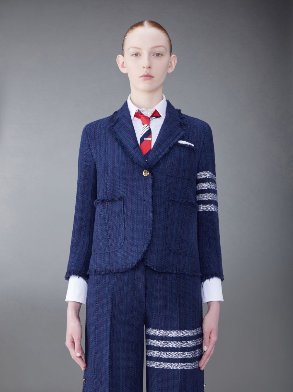 Thom Browne Tweed Fray 4-Bar Cropped Sack Jacken Damen Blau | KWM59U32428
