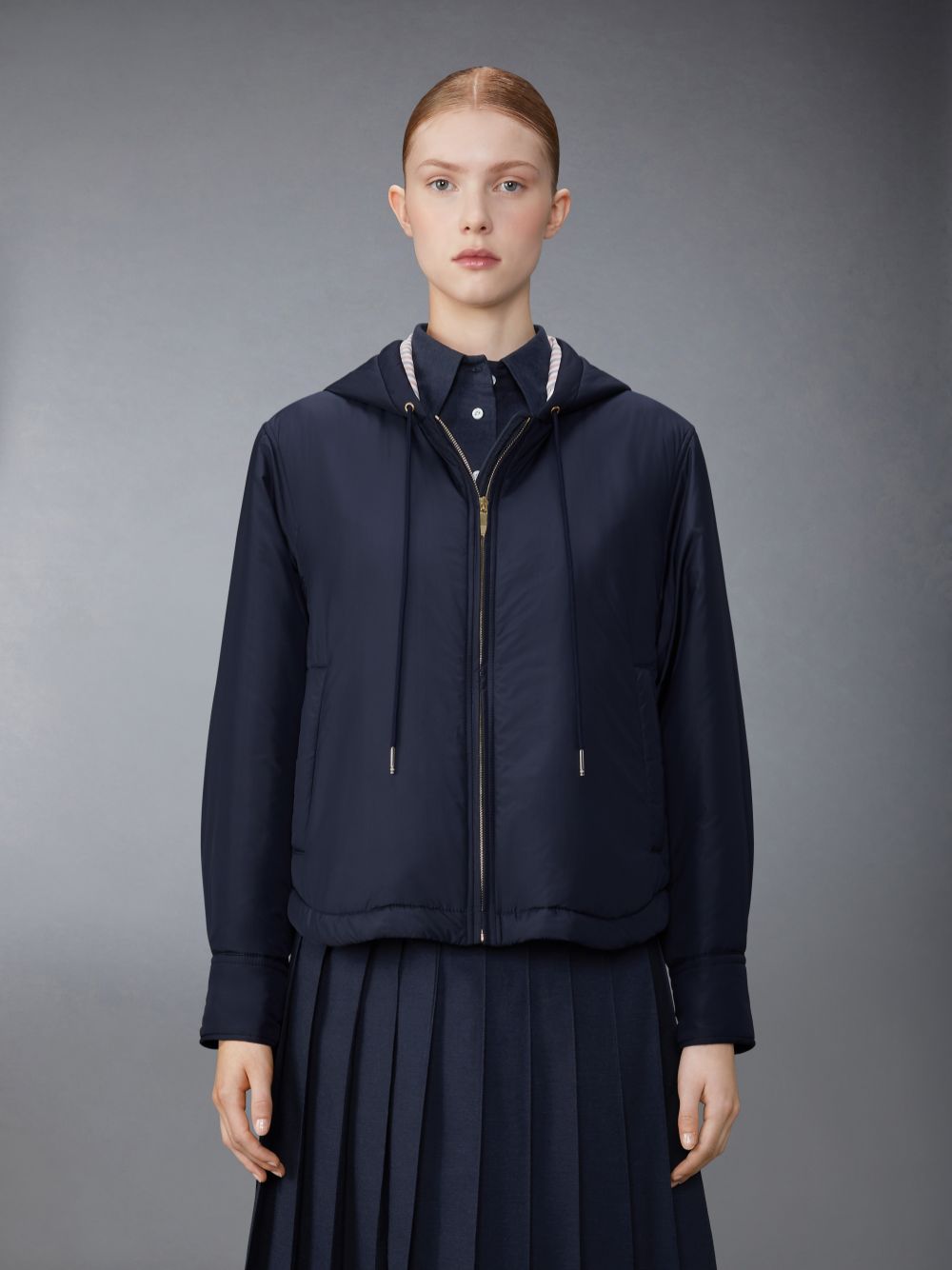 Thom Browne Ultra Light Nylon Tech Down Fill Hood Shirt Hem Jacken Damen Blau | BJM63L63793