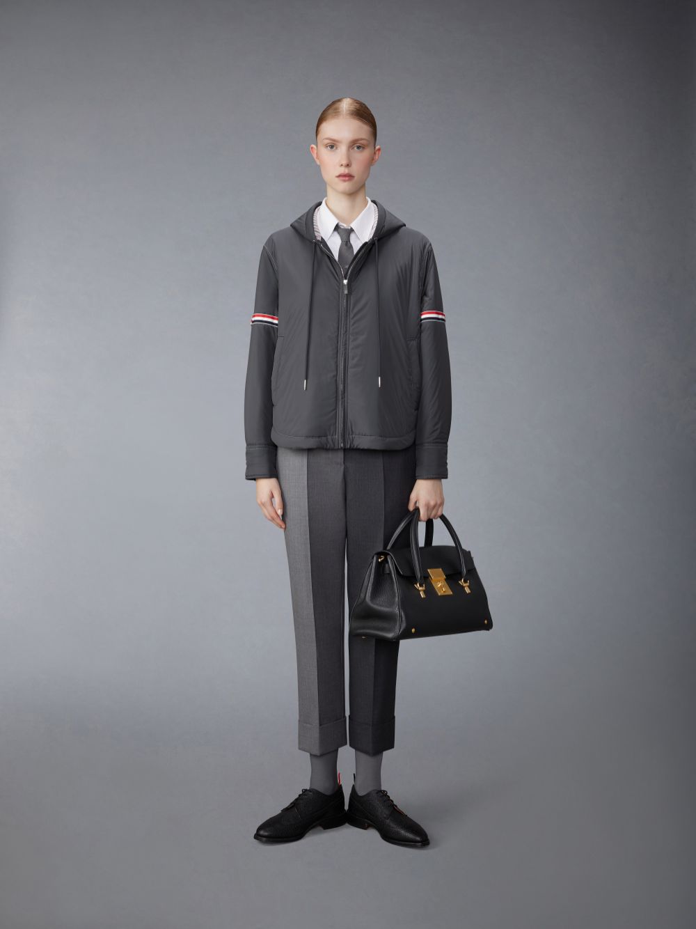 Thom Browne Ultra Light Nylon Tech Down Fill Armband Hood Shirt Hem Jacken Damen Grau | TTJ97P13993