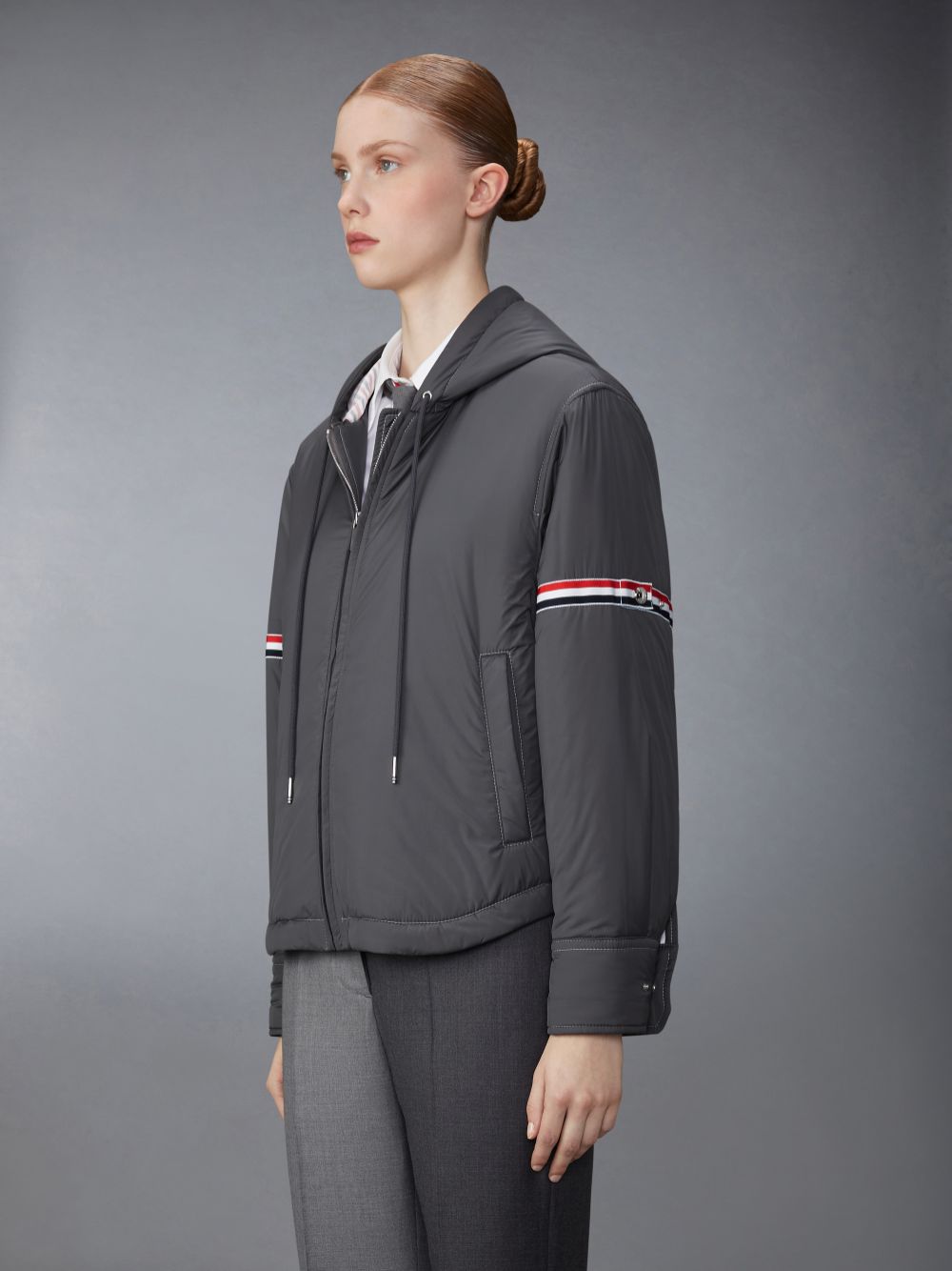 Thom Browne Ultra Light Nylon Tech Down Fill Armband Hood Shirt Hem Jacken Damen Grau | TTJ97P13993