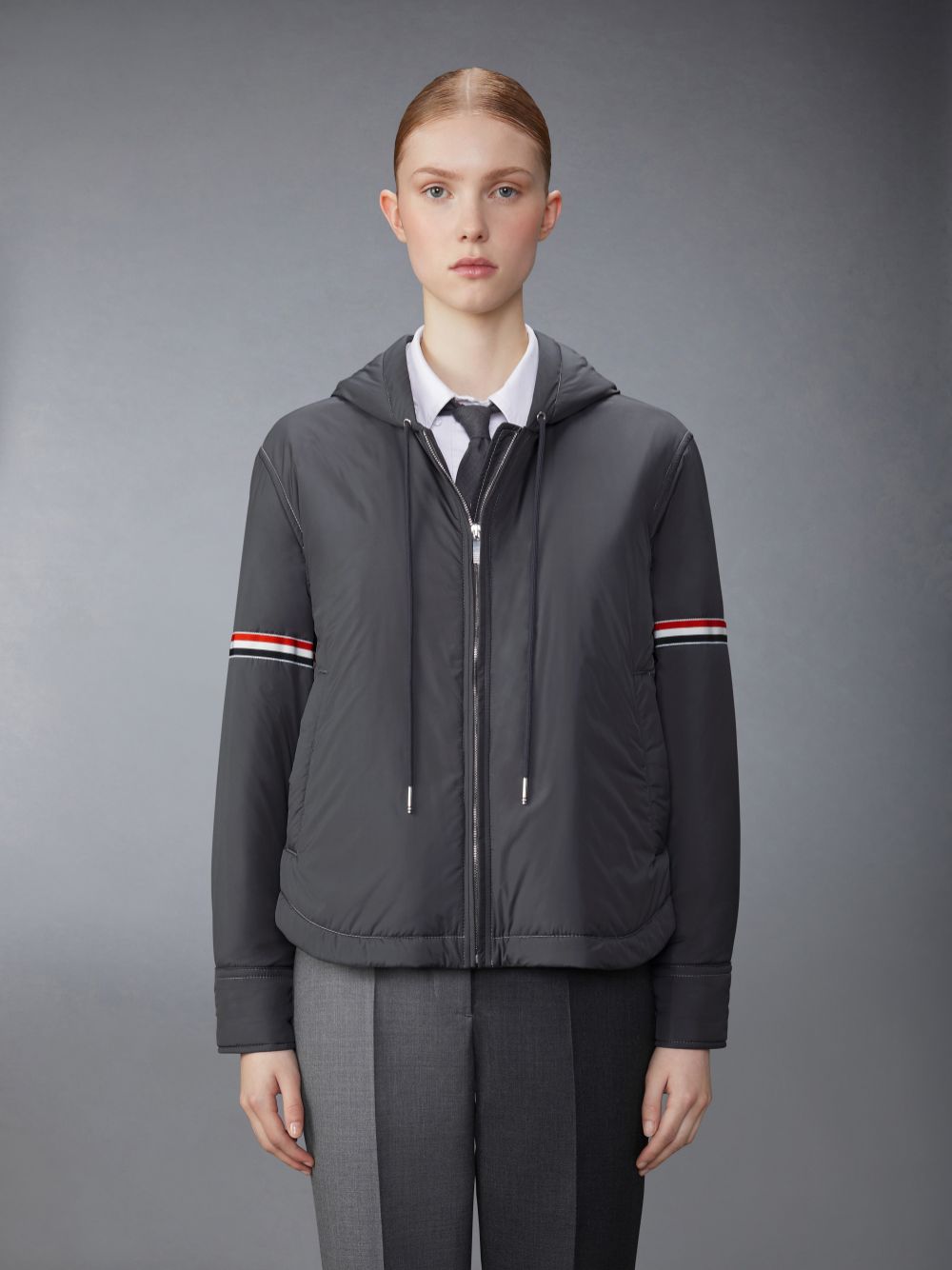 Thom Browne Ultra Light Nylon Tech Down Fill Armband Hood Shirt Hem Jacken Damen Grau | TTJ97P13993