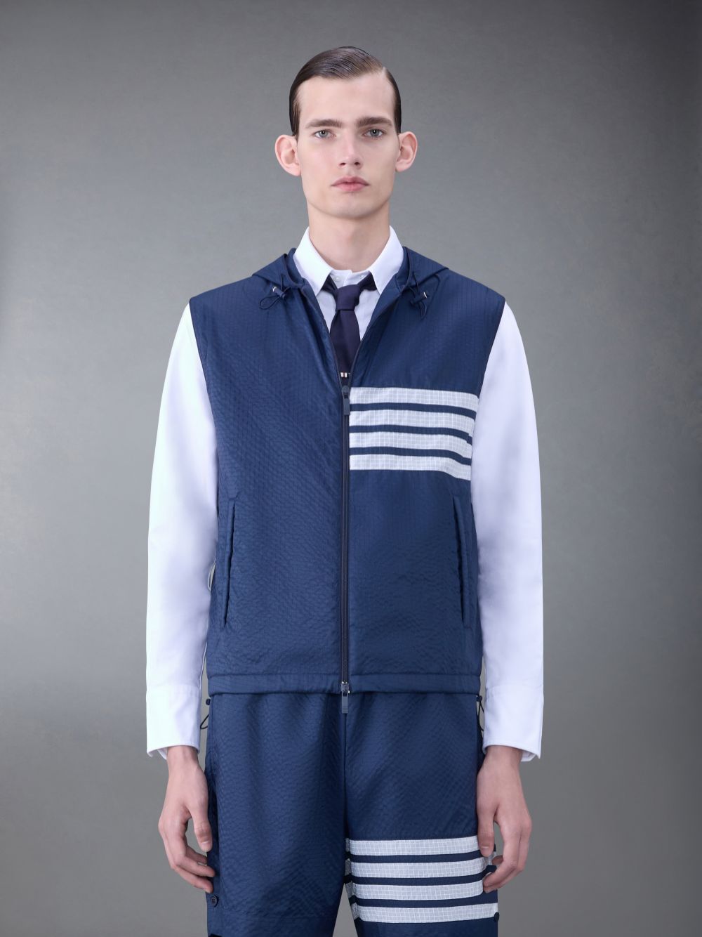 Thom Browne Ultralight Ripstop 4-Bar Hooded Weste Herren Blau | GHI80M48262