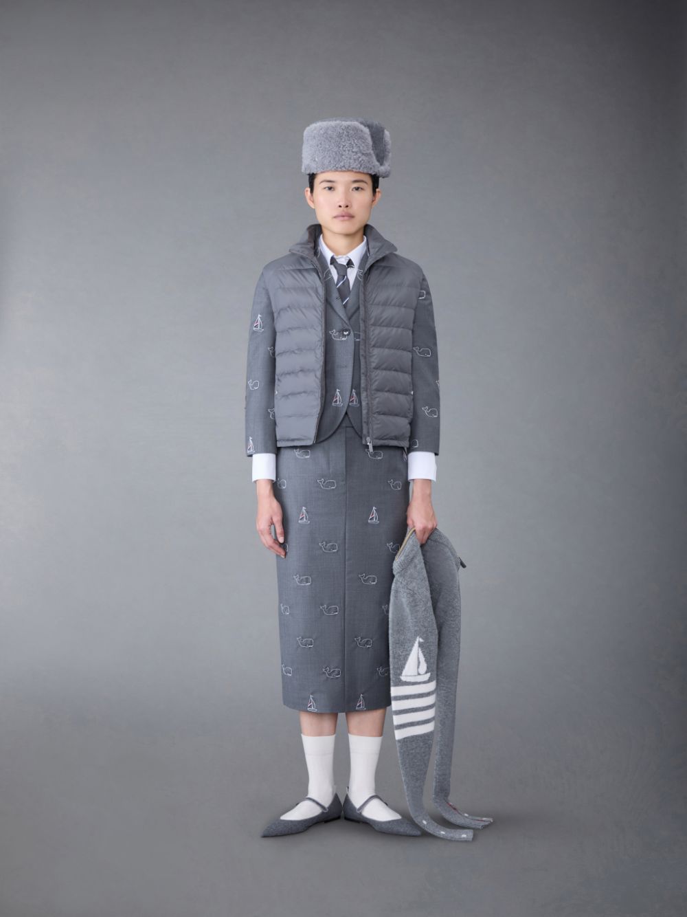 Thom Browne Ultralight Tech Down 4-Bar Packable Funnel Neck Vest Jacken Damen Grau | WXT12N39936