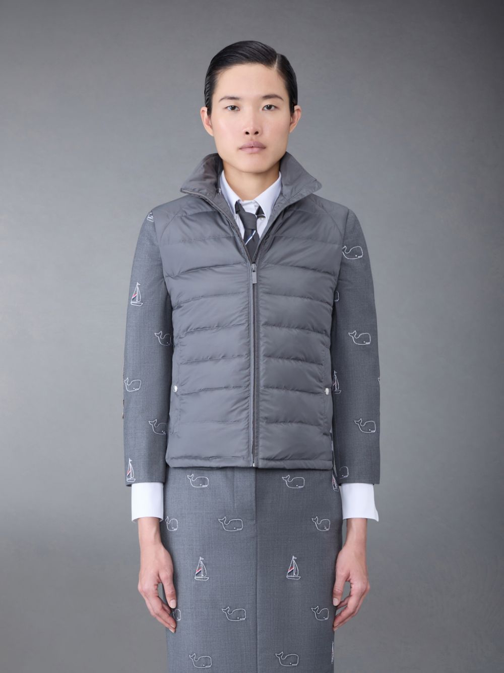 Thom Browne Ultralight Tech Down 4-Bar Packable Funnel Neck Vest Jacken Damen Grau | WXT12N39936