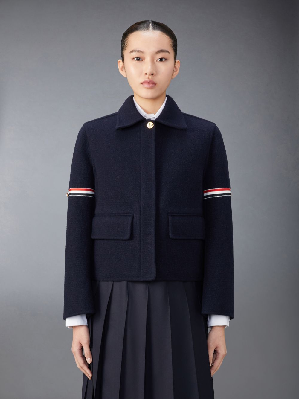 Thom Browne Wool Cashmere Armband Bell Sleeve With Shearling Collar Jacken Damen Blau | LGC23X32671
