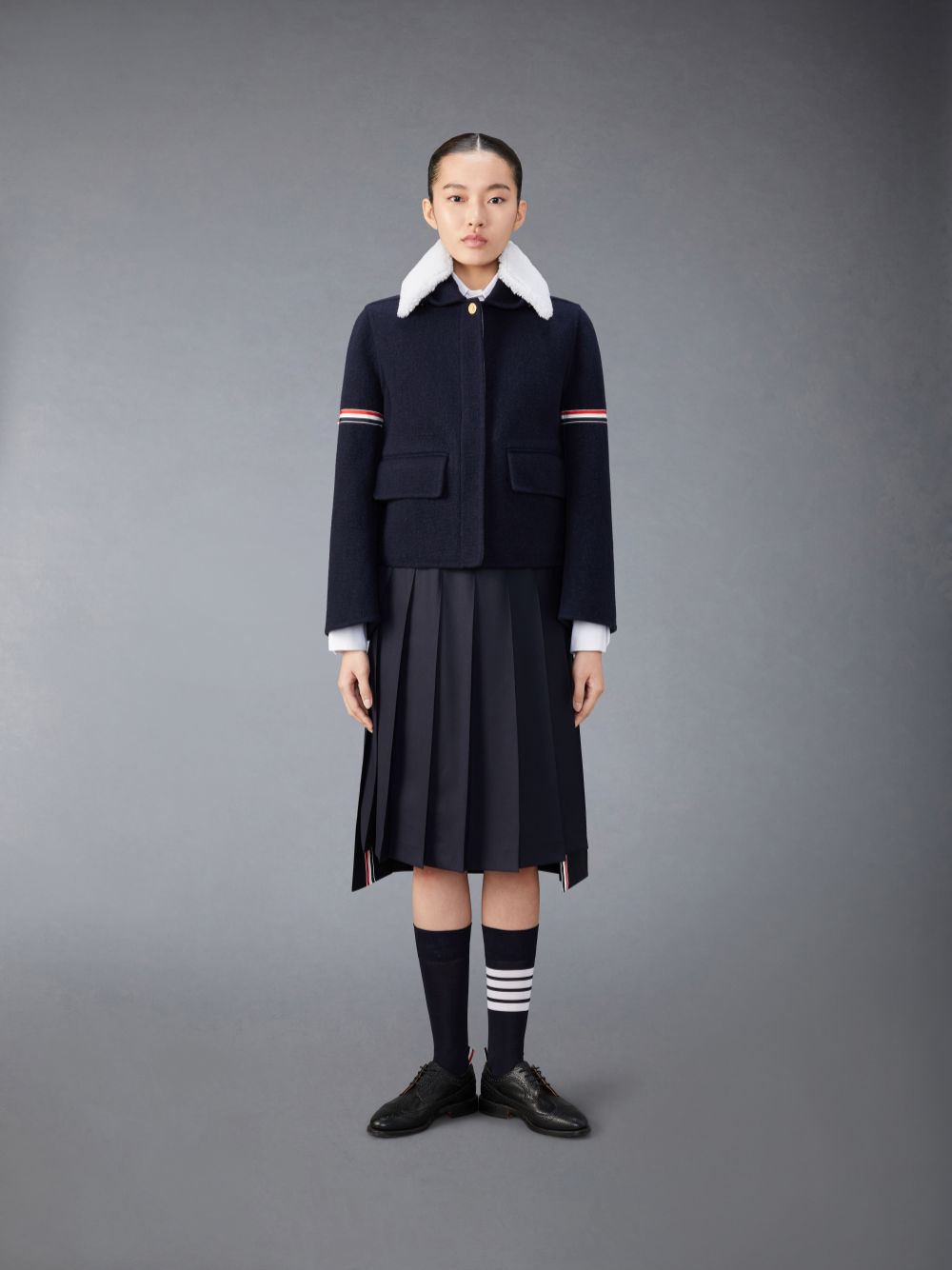 Thom Browne Wool Cashmere Armband Bell Sleeve With Shearling Collar Jacken Damen Blau | LGC23X32671
