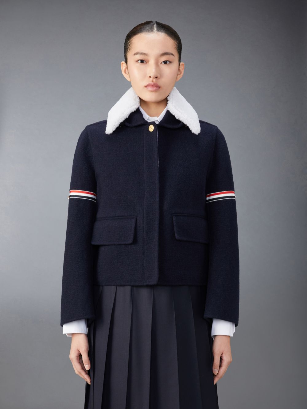 Thom Browne Wool Cashmere Armband Bell Sleeve With Shearling Collar Jacken Damen Blau | LGC23X32671