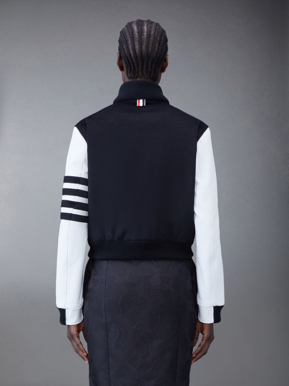 Thom Browne Zibeline Cashmere Leather Sleeve Cropped Varsity Jacken Damen Schwarz | AKS03B62786
