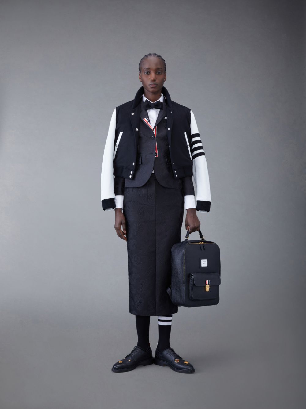 Thom Browne Zibeline Cashmere Leather Sleeve Cropped Varsity Jacken Damen Schwarz | AKS03B62786